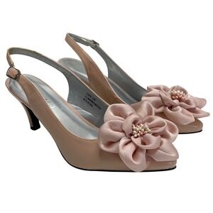 Andiamo Blush Pink 3D Fabric Flower Slingback Kitten Heel 8.5M Pointed Wedding